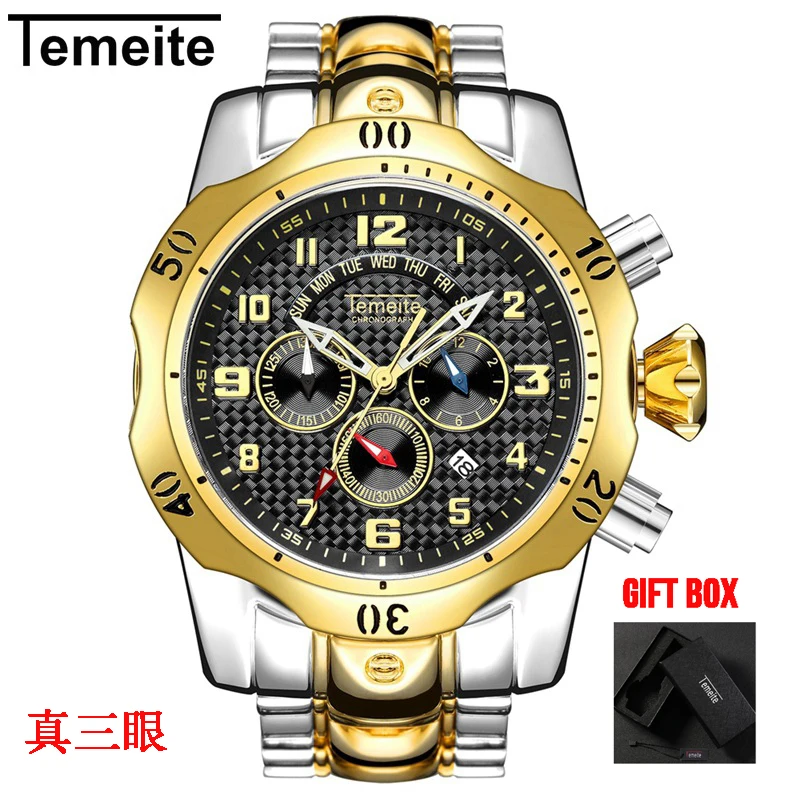 Temeite 7 with box Мужские часы Temeite Топ бренд класса люкс дизайн золотые кварцевые часы мужские спортивные водонепроницаемые мужские наручные часы Relogio Dourado Masculino - Цвет: Temeite 7 with box
