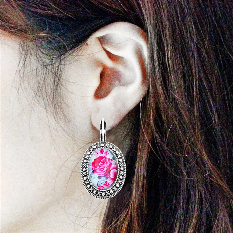 Oval Acrylic Rose Flower Earrings Vintage Pendant For Women Antique Silver Plated Fashion Jewelry TE445 |