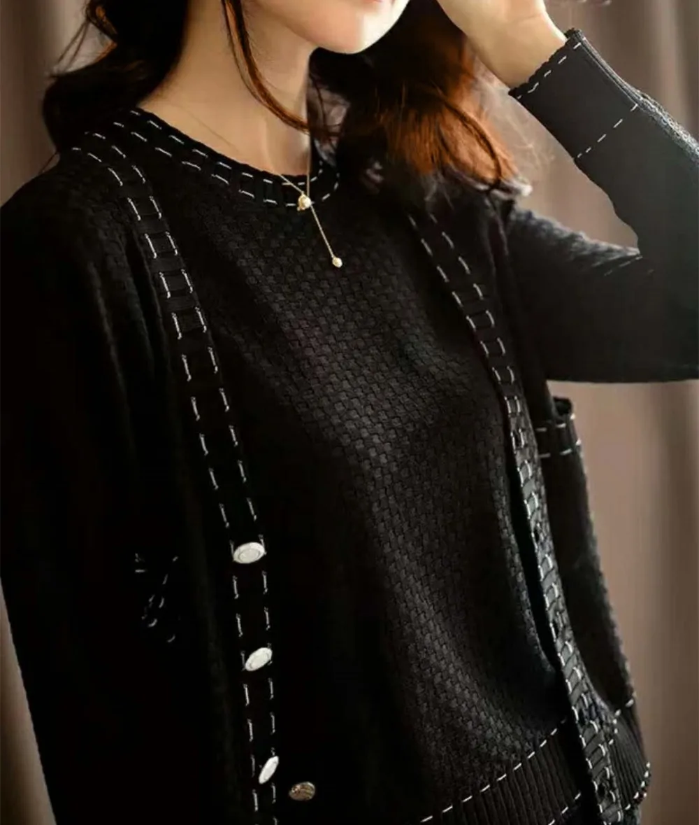 Temperament Sweater Wide leg pants 3 Piece Set female 2019 Autumn Winter New Jacquard Cardigan +short-sleeved Pullovers Sets |