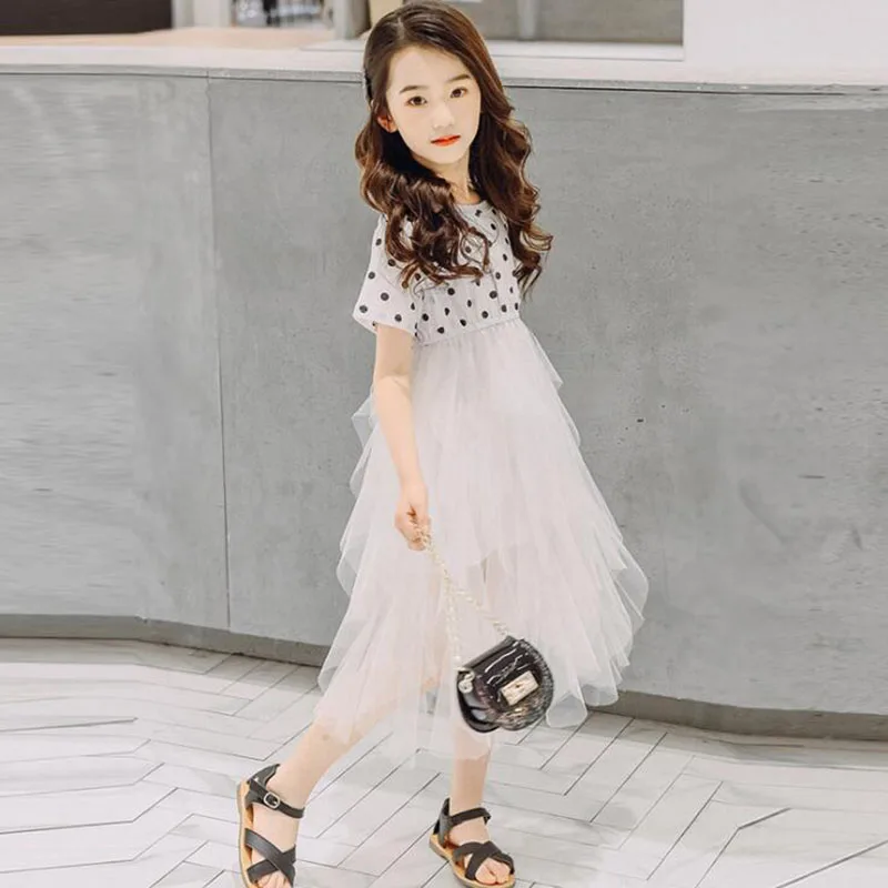 2019 г. Новая летняя детская одежда корейское Хлопковое платье в горошек сеточные с