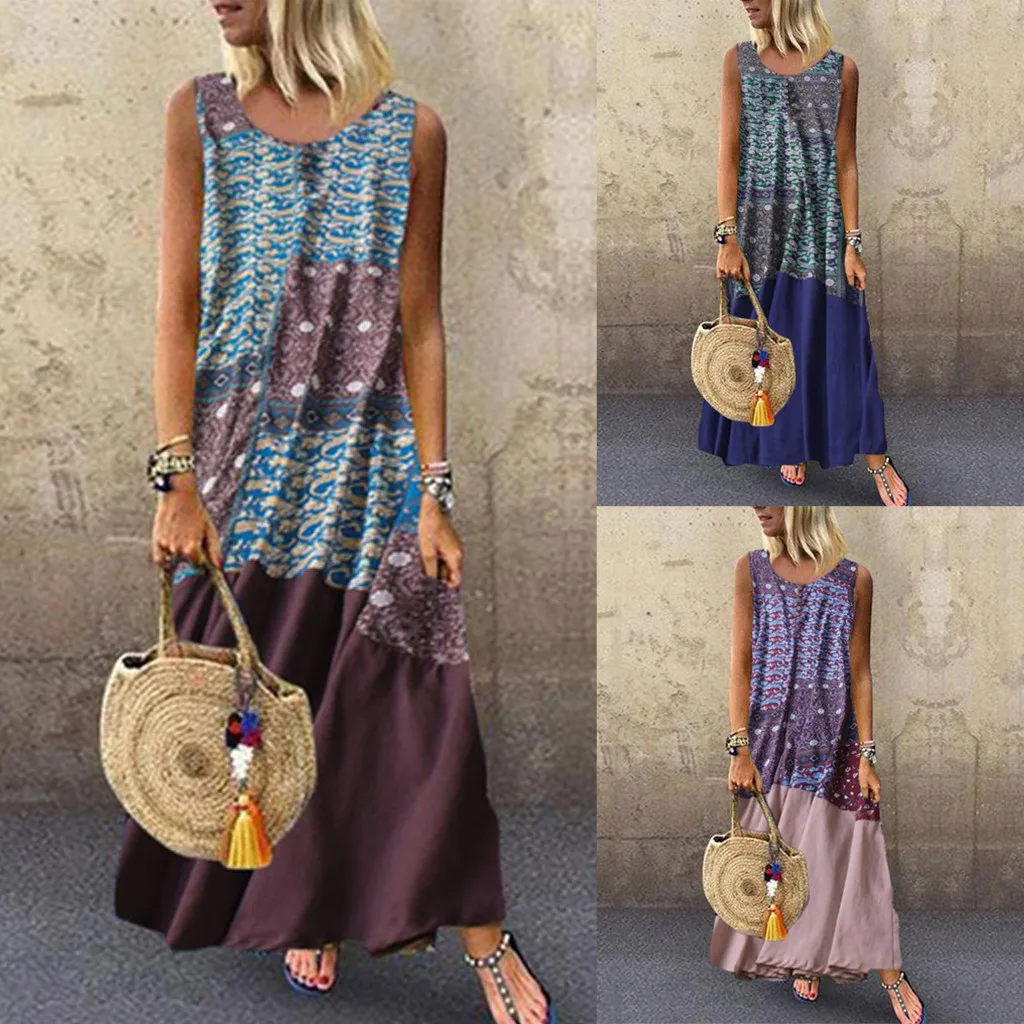 Женское винтажное платье из хлопка и льна с круглым вырезом без рукавов вечерние