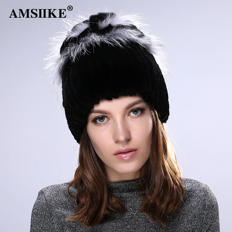 AMSIIKE Женская Меховая Шапка из Бобра с Бубоном из Чернобурки TM711