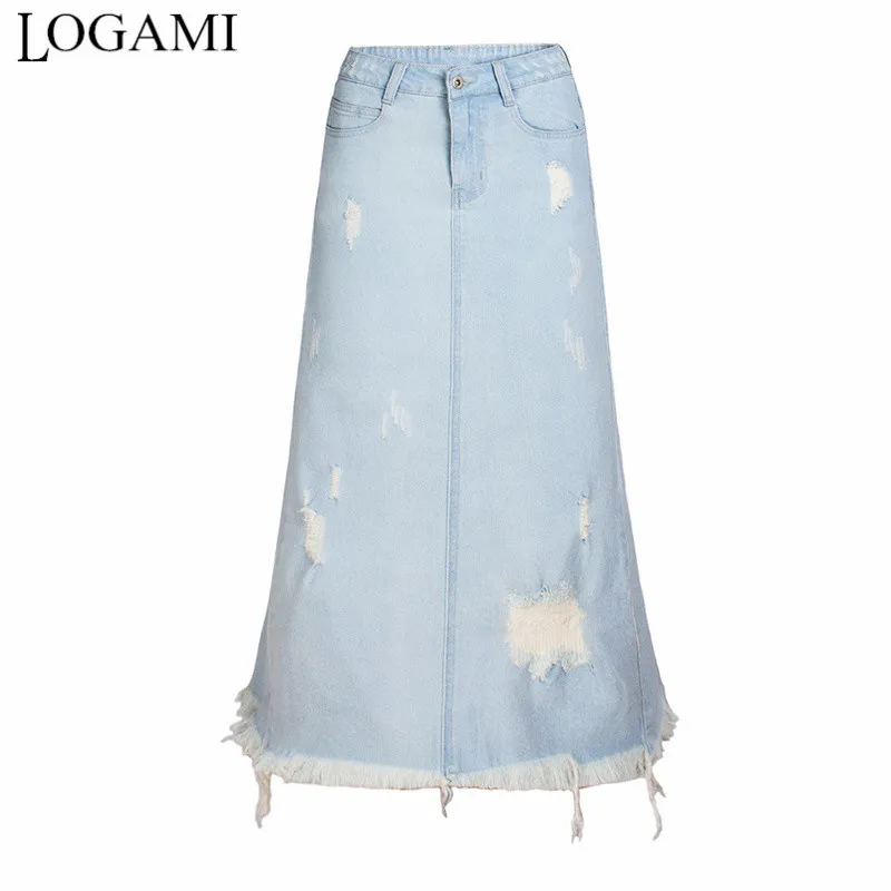 

LOGAMI High Waist Long Denim Skirt Women Casual A-Line Jeans Skirts Womens Spring Summer Ripped Skirt Light Blue