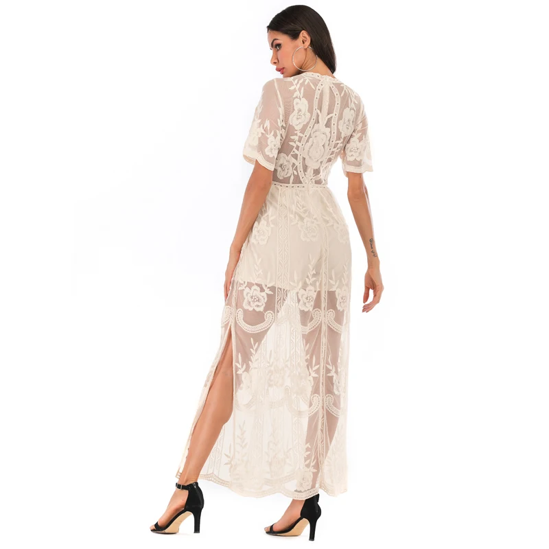 Женское кружевное платье seoaf длинное белое с глубоким вырезом на лето 2020 | Женская