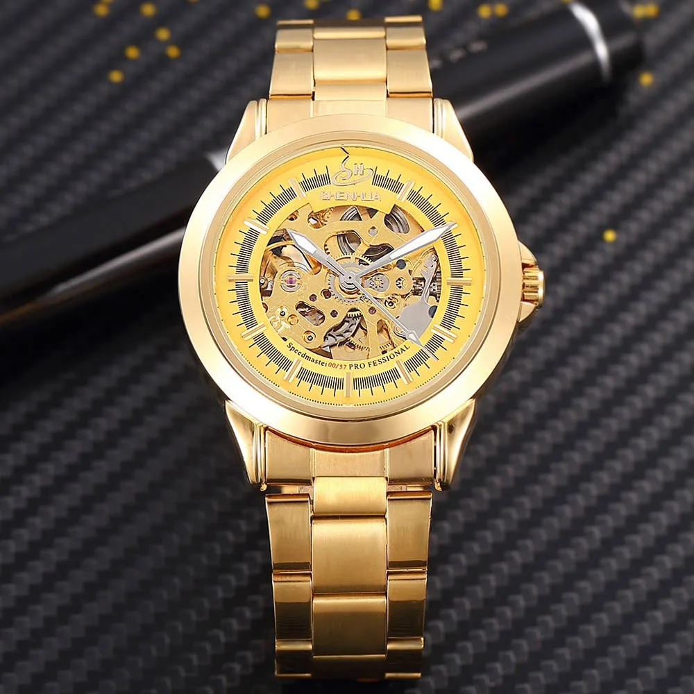 

New Luxury Gold Watches Men Famous Brand SHENHUA Automatic Mechanical Skeleton Watches For Men Male Waterproof Shockproof Clock