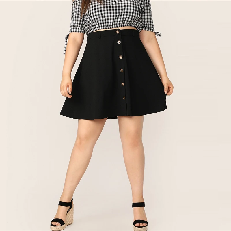 SHEIN Размера Плюс Юбка-Клёш Женская Летняя Черная Короткая Юбка С Пуговицами