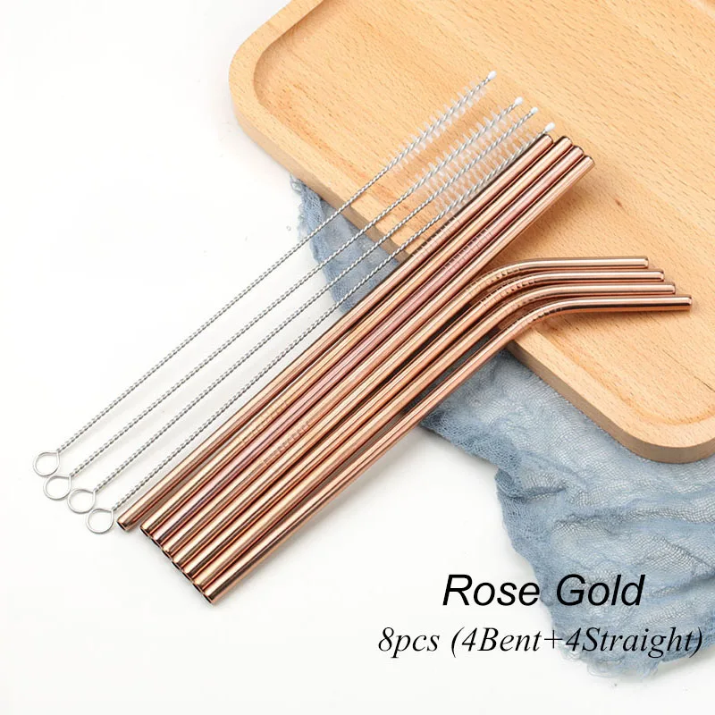 01 Rose Gold 8 шт многоразовые соломинки из нержавеющей стали для питья Металлические Прямые изогнутые соломинки из нержавеющей стали с чистящей щеткой вечерние аксессуары для бара - Цвет: 01 Rose Gold