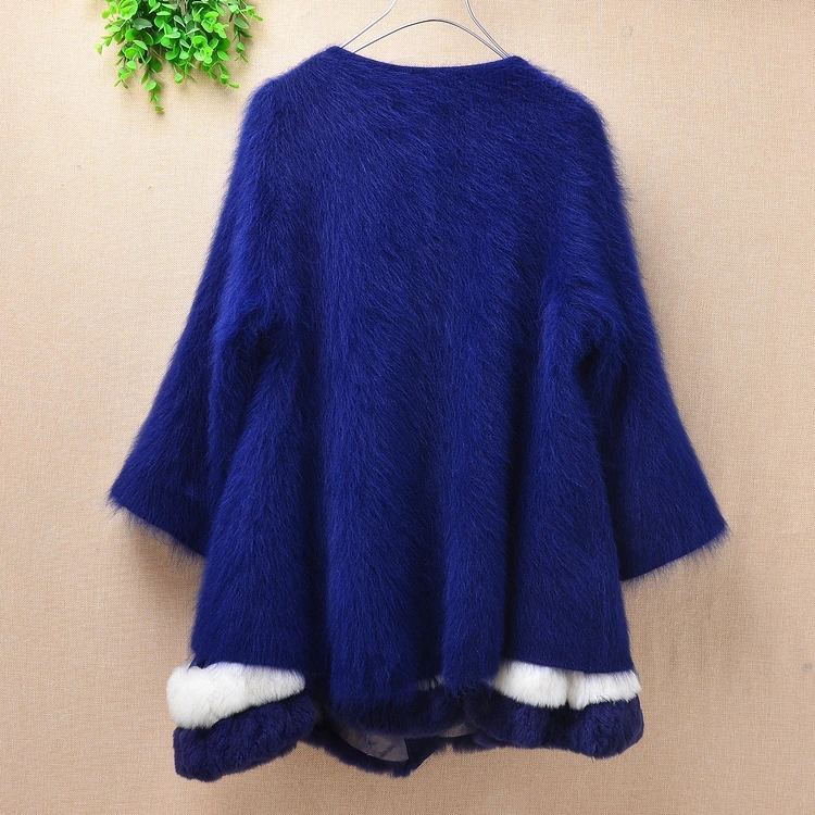 women femme winter heavy thick plush mink cashmere fox tail cardigan seven flare sleeve slim angora knitwear sweater coat mantle |