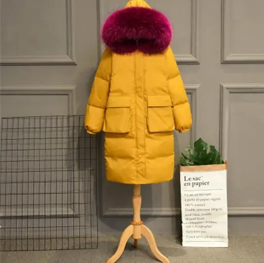 Yellow Rose Red Fur Зимняя женская куртка-пуховик на белом утином пуху, теплая, с большим воротником из натурального меха, с капюшоном, толстая, длинная, пуховик, пальто, Женская одежда оверсайз, SF1058 - Цвет: Yellow Rose Red Fur