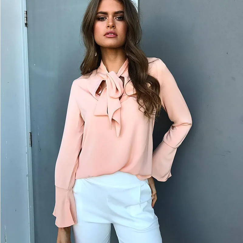 2018 Весна Для женщин Блузка офисная рубашка Повседневное на шнуровке с бантом Flare