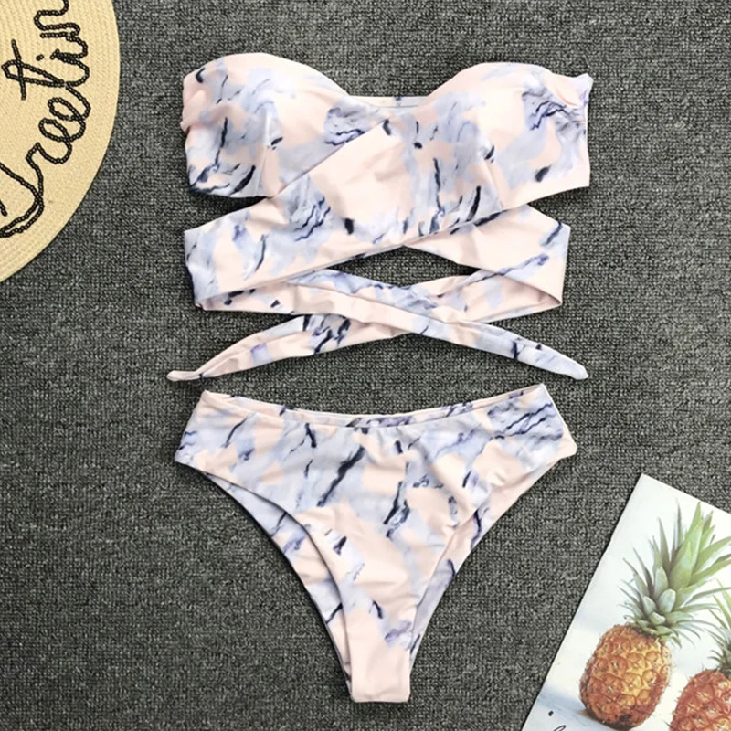 Женский купальник бандо бикини с принтом и высокой талией 2019|Купальники| |