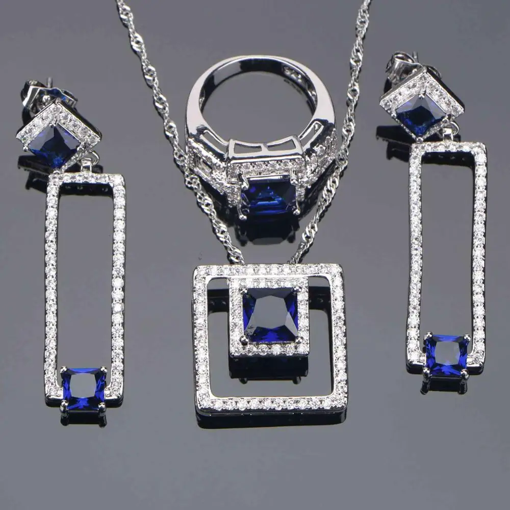 Blue 925 пробы, серебряные свадебные ювелирные наборы, голубой камень, CZ серьги для женщин, браслет, кольца, кулон, ожерелье, набор, подарки, ювелирная коробка - Окраска металла: Blue