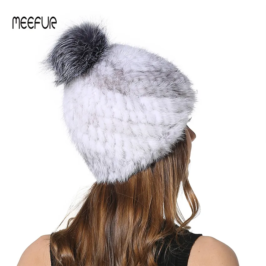 2018 новые женские реального норки шапки с Серебряными Лисий мех вязаный Шапки