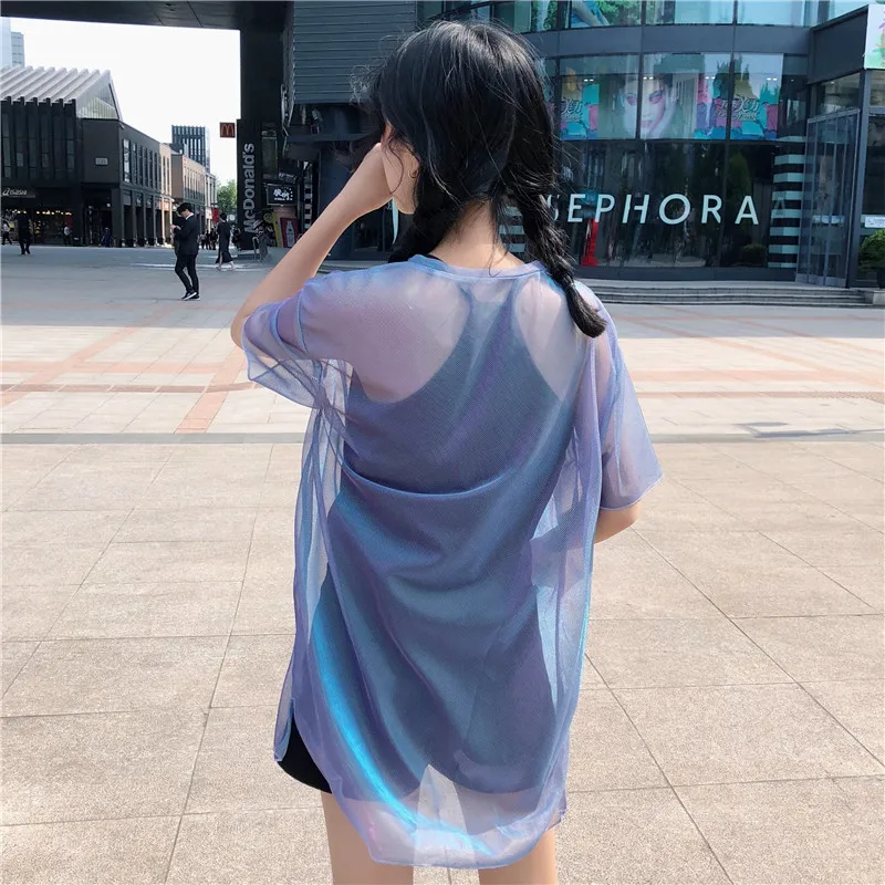2 шт.! Ulzzang корейский Harajuku сетчатый топ женский сетчатый топ+ черный топики шикарные футболки блестящие Прямая поставка