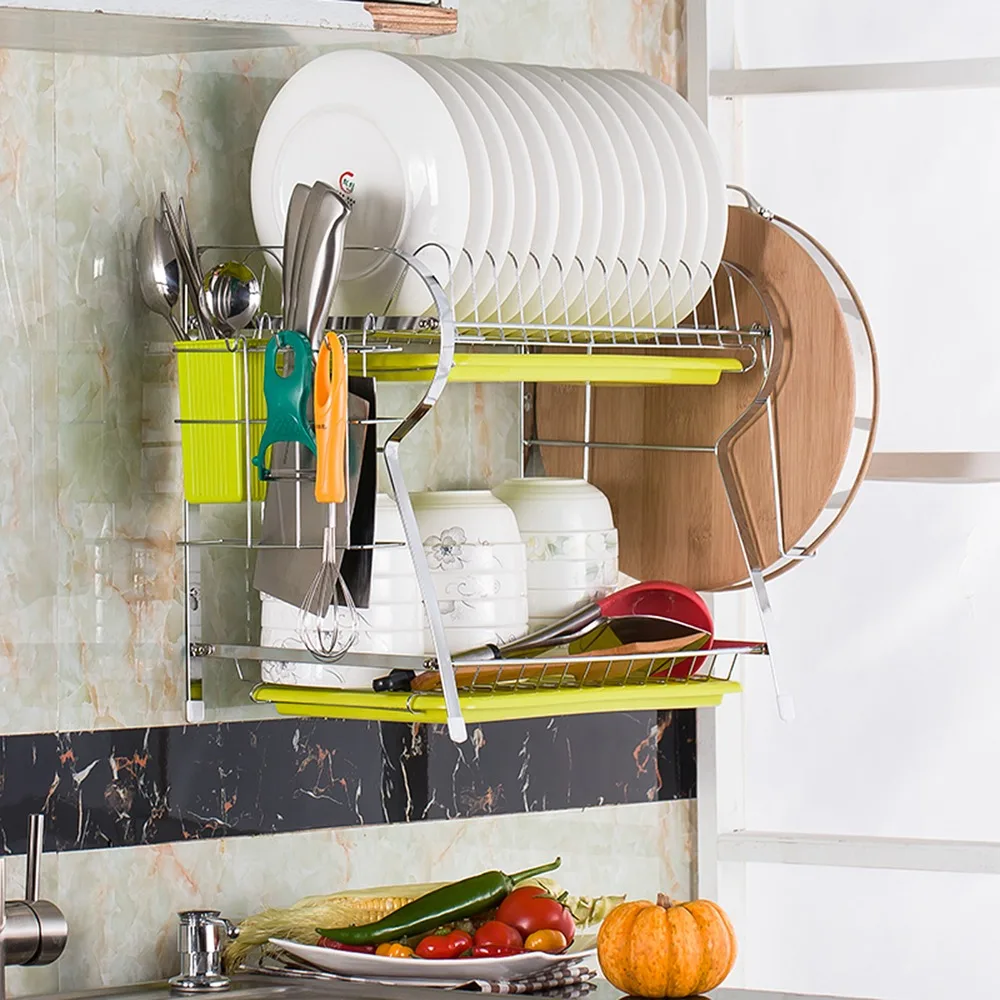 

Desk / Wall-mounted R-Shaped Dish Drainer Drying Rack Kitchen 2 Tier Stainless Steel Drainer Holder Dish Rack With Drainboard