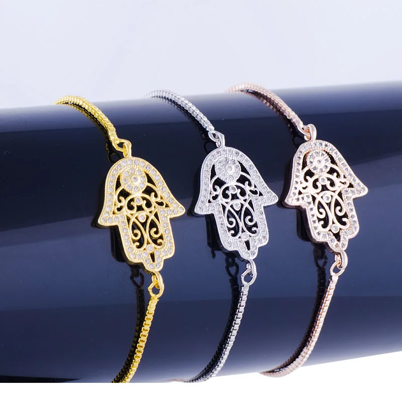 

Lovely Zircon Crystal Fatima Hand Hamsa Charms Bracelets Bijoux Copper Micro Pave CZ Square Chain Friendship Bracelets Diy Gifts