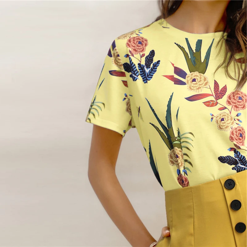 SHEIN Цветочная Футболка С Графическим Принтом Женский Летний Повседневный Топ С Короткими Рукавами И Круглым Вырезом