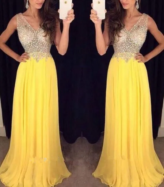 2016 Новый Модный Желтый V шеи Длиннее Шифоновое Платье Выпускного Вечера Тяжелое