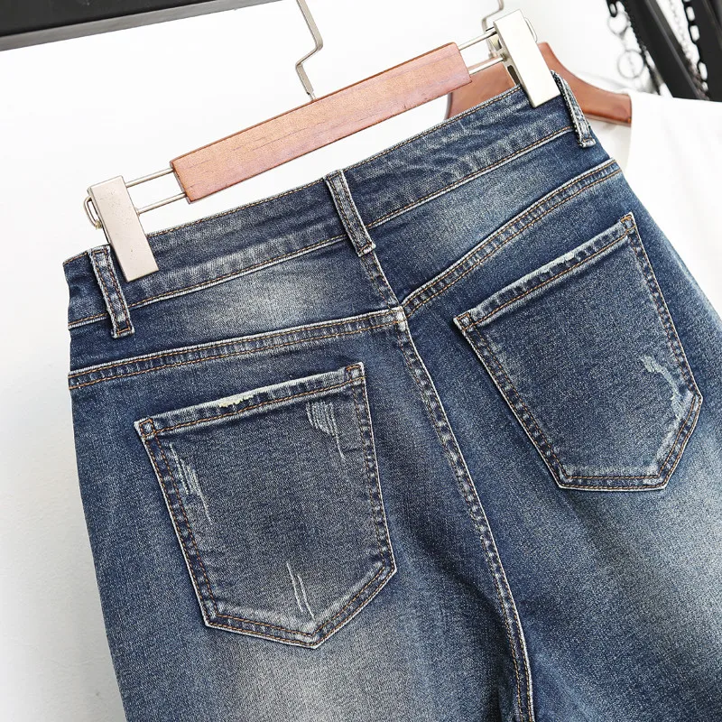 Летние женские рваные джинсы повседневные брюки-султанки из денима синие с