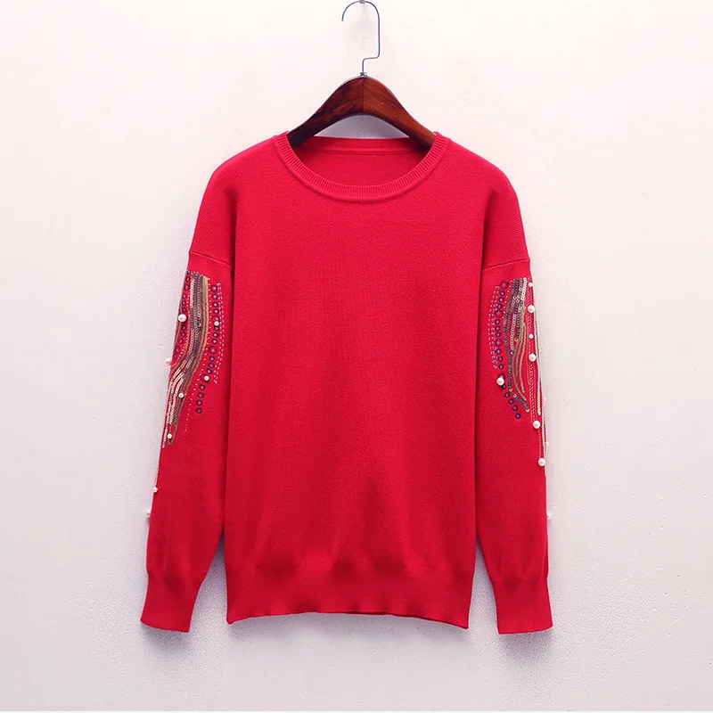 Knitted Embroidery Beads Pearl Women's Sweater Sequined O-neck Jersey Long Sleeve Pullovers Women 2020 Spring Sweaters Woman | Женская