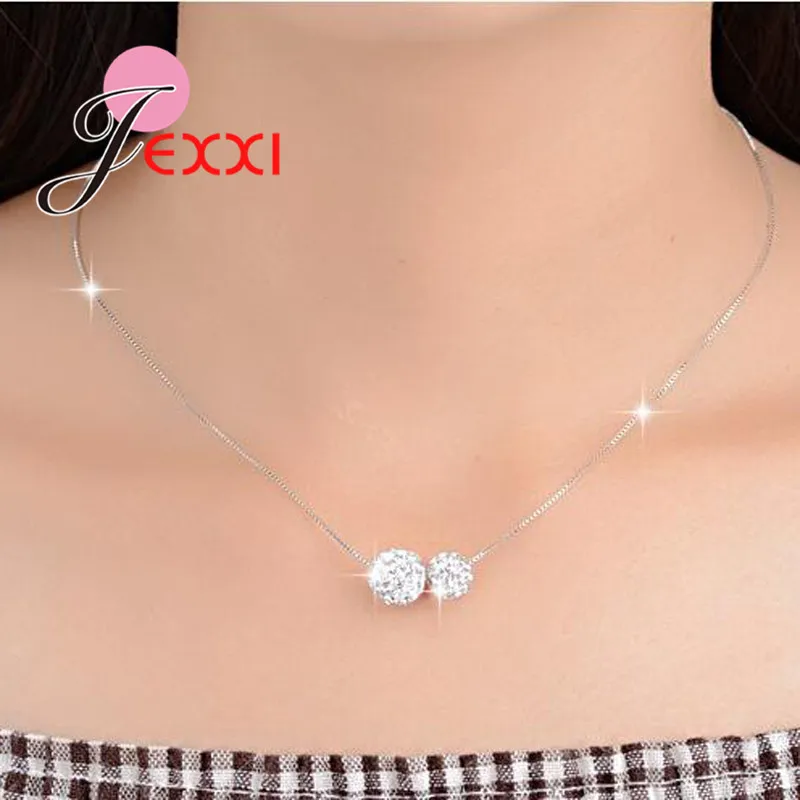 Женская подвеска с 2 шариками элегантная Серебряная цепочка фианитом свадебное