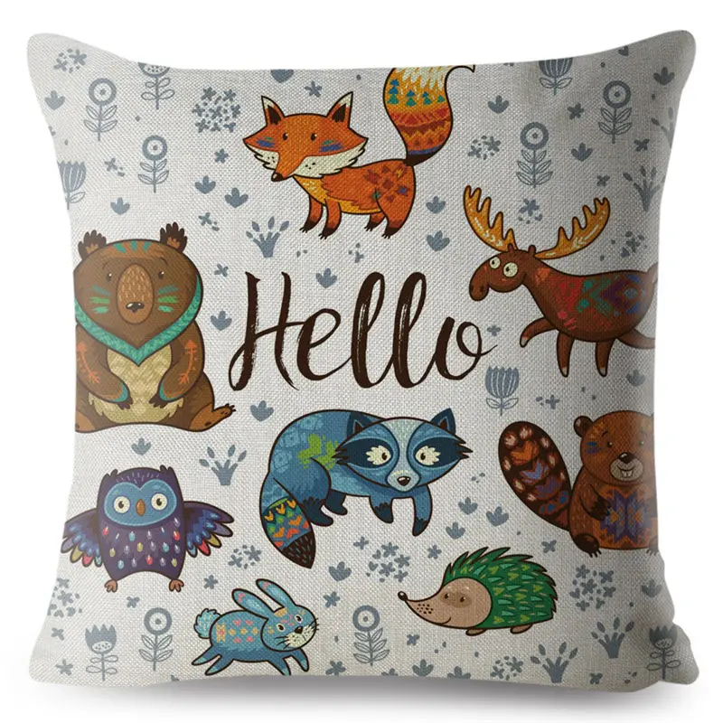 Nordic Cartoon Forest Animal Fox Bear Rabbit Print Pillow Cover 45*45 Cushion Covers Linen Pillows Cases Home Decor Case | Дом и сад