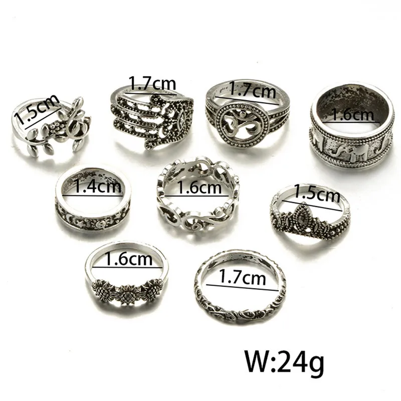GS Hot Sales Bohemian Elephants Rings Women 9pcs/Set Retro Boho Leaf Eyes Same Kinds Statement Sets For R5 | Украшения и