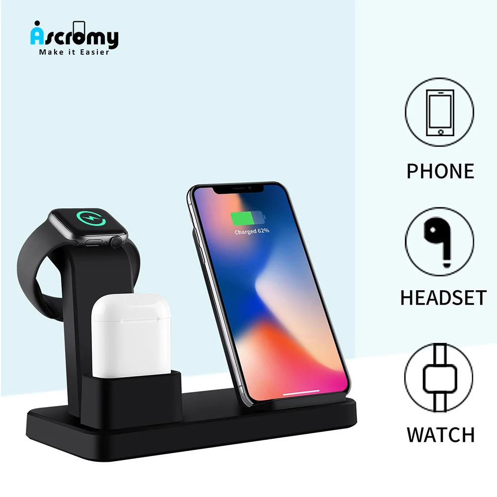 3 в 1 QI быстрая Беспроводная зарядная док-станция Подставка для Apple Watch Airpods 10 Вт для iPhone 8 XR XS Max samsung Galaxy зарядная подставка держатель