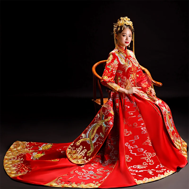 

Bride Groom Cheongsam Vintage Chinese Style Wedding Dress Clothing Lady Embroidery Phoenix Gown Marriage Qipao red Clothes S-XXL