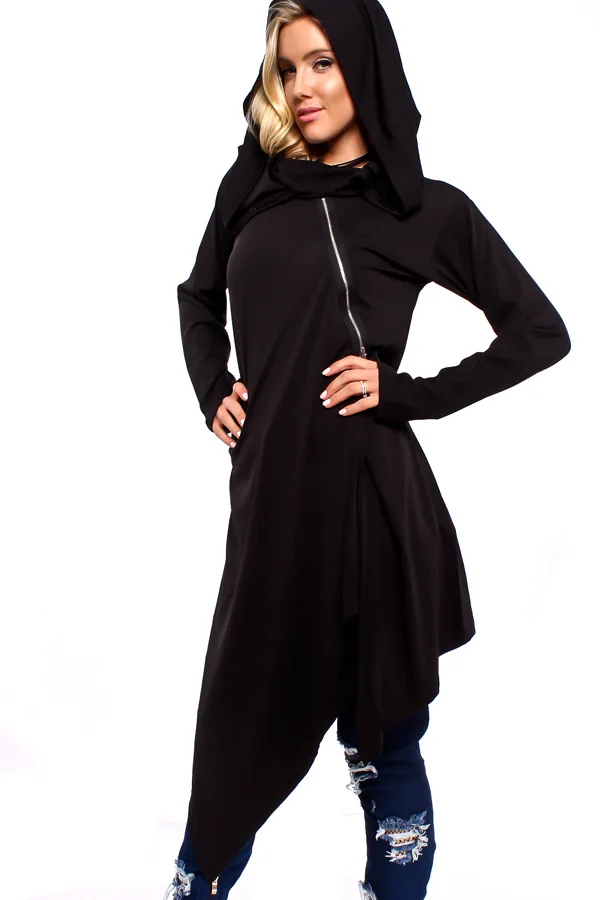 

Irregular Women Front Zipper Hooded Sweatshirt Black Winter Long Sleeve Hip Hop Tunic Loose Hoodies Casual Warm Oversize Hoodie