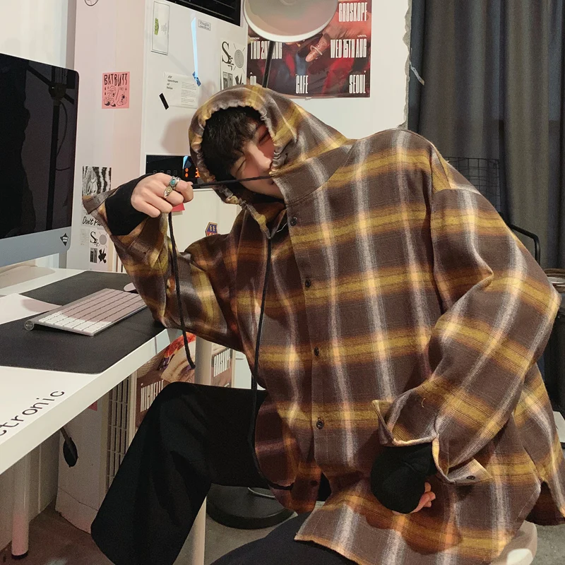 

Designed Hoody Plaid Shirt 2019 Spring Japan Korea Street Style Long Sleeve