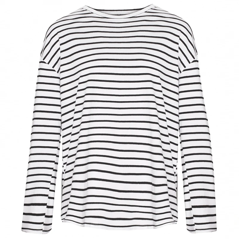 С длинными рукавами футболки Для женщин в полоску с круглым вырезом Футболки