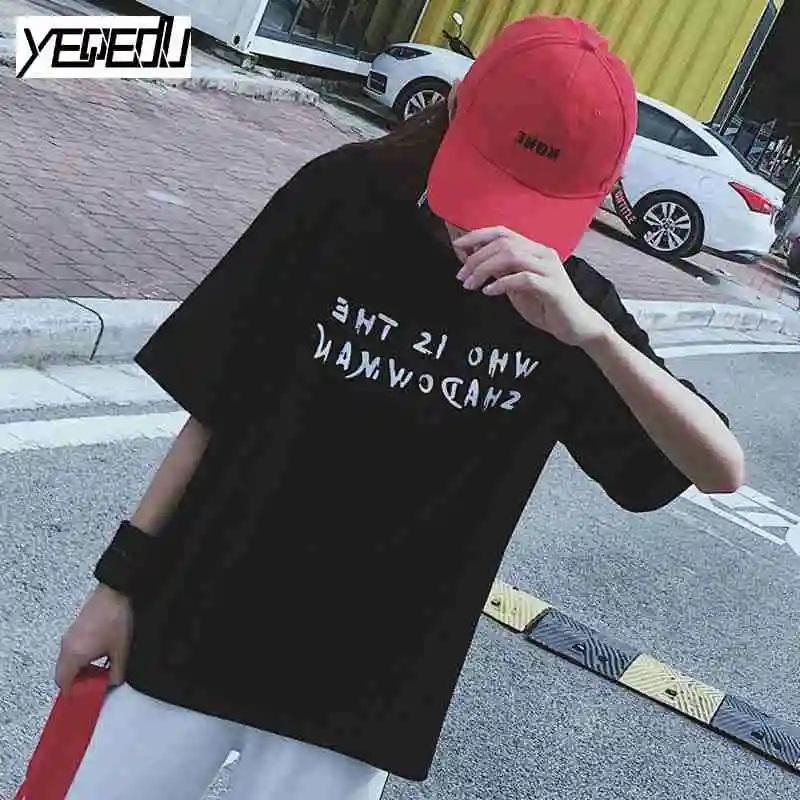 #3858 свободные с коротким рукавом футболка женщин черный/белый Harajuku Хип хоп улица