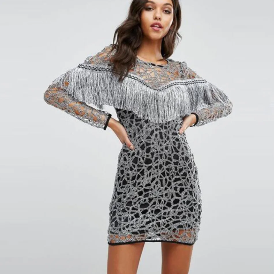 

DressBird Women Spring Long Sleeve Bodycon Dress Vestidos Elegant Silver Lace Tassel Fringe Hollow Out Party Club Night Dresses