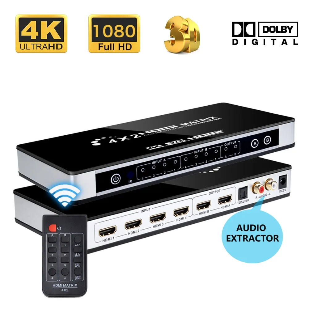 Iseebiz 4 К к HDMI матрица 4X2 Переключатель Splitter Поддержка toslink аудио + L/R экстрактор с ИК