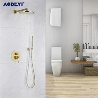 solid brass brushed gold bathroom rianfall shower head bath faucet set wall mounted shower arm mixer water set 8 12inch