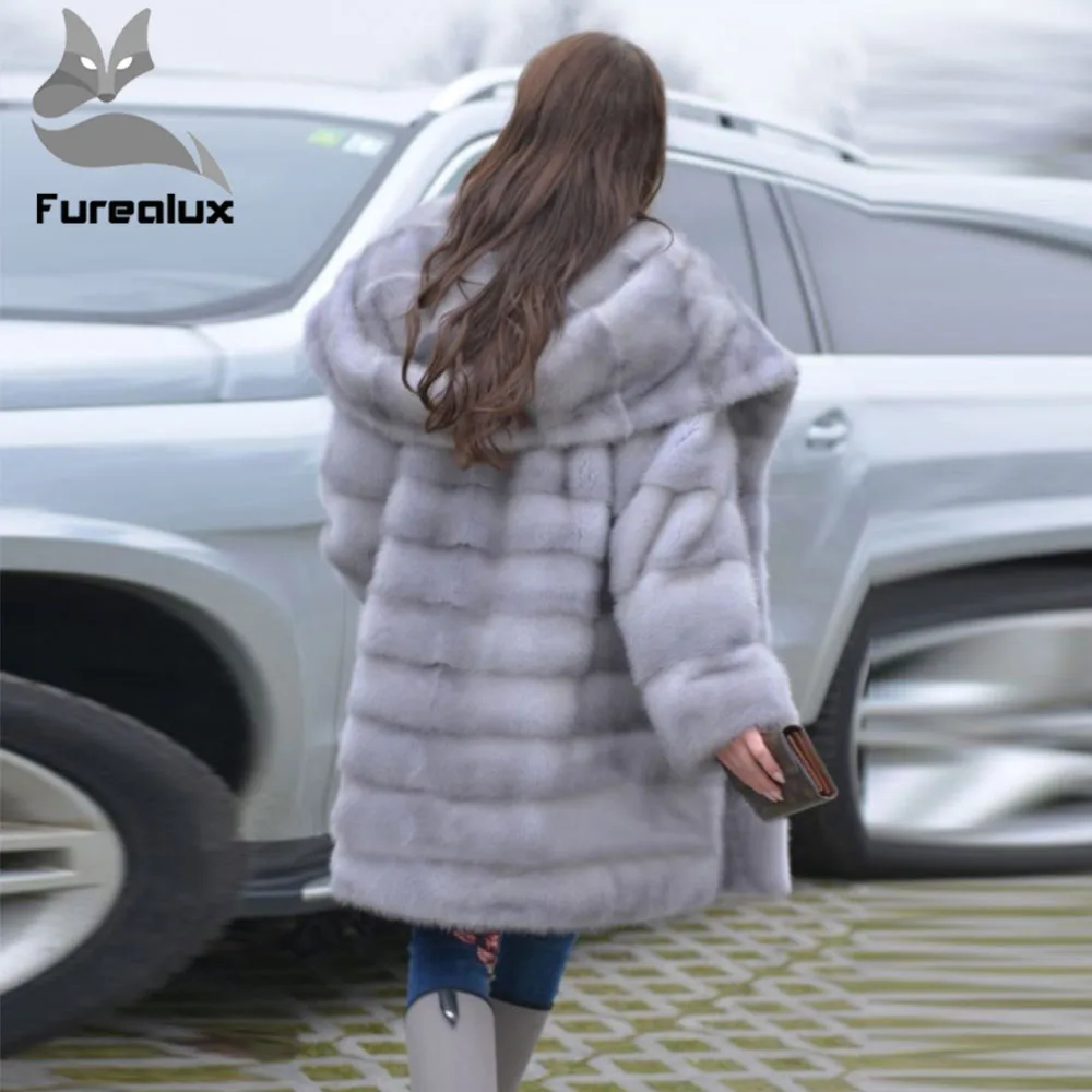 Женская Шуба из меха норки Furealux серая с капюшоном и поясом теплая свободная шуба