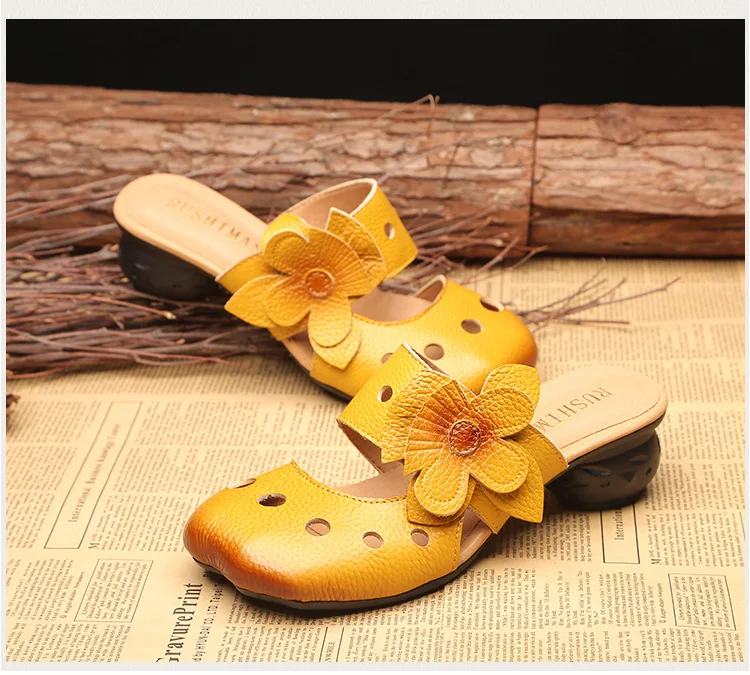 Xiuteng Hollow Sandals Flowers Pattern Genuine Leather Big Head Adjustable Daily Sandals Ladies Shoes Spring New Women Slippers
