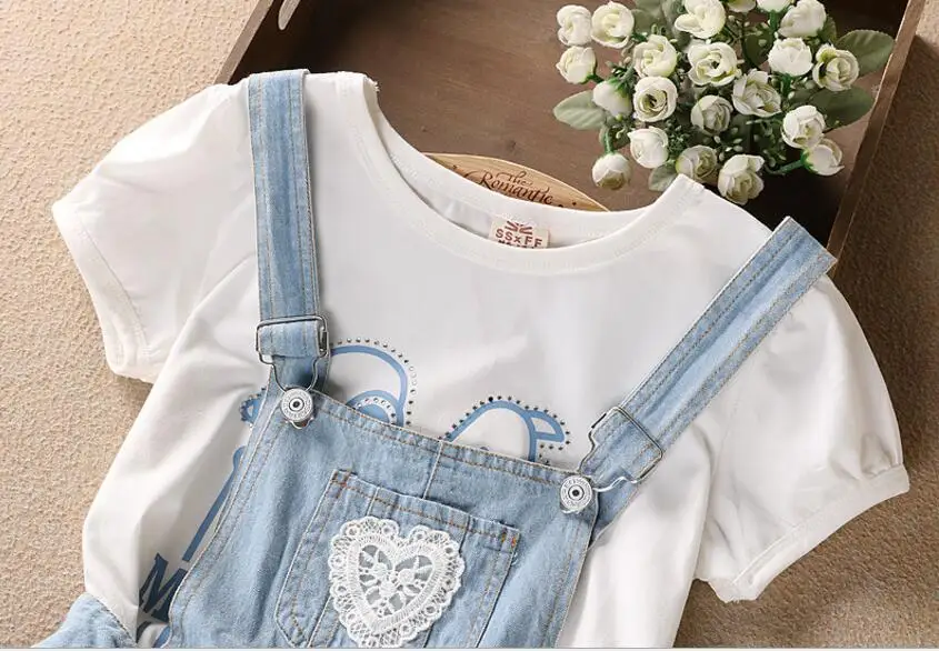 Новые детские летние принцесса девушки dress костюмы белый письмо топ + жан кружева