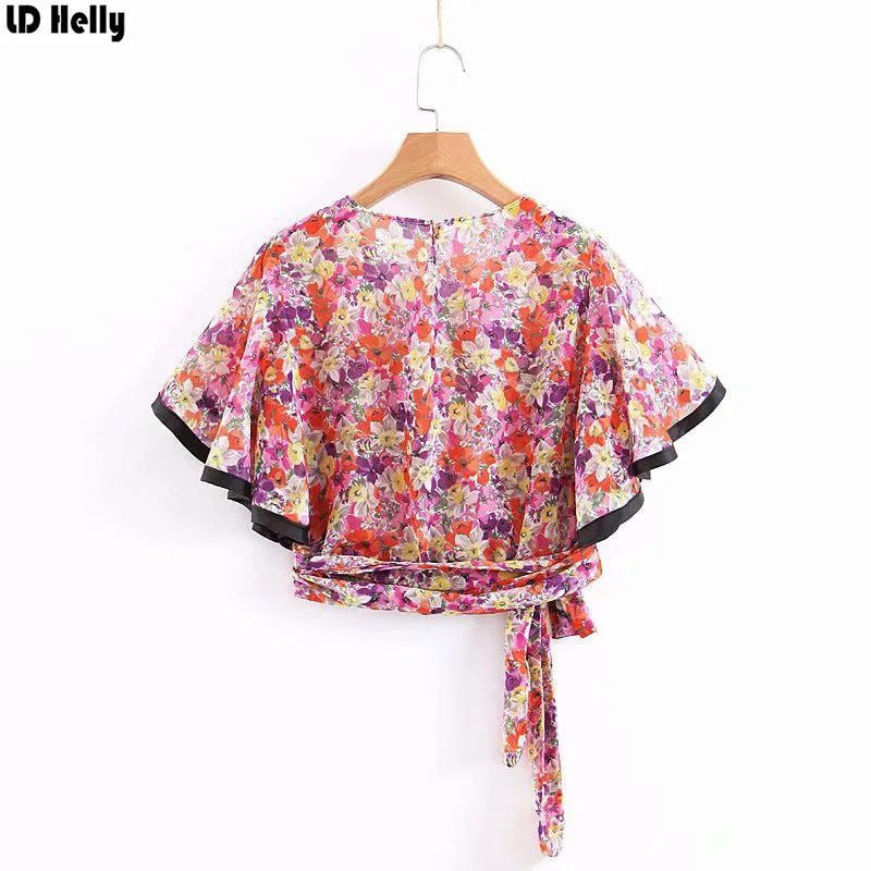 LD Helly Женский Стильный шифоновый укороченный топ с цветочным принтом блузка