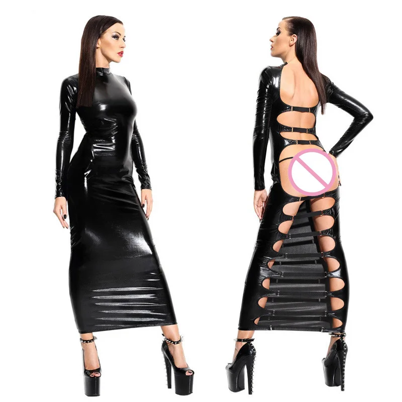 Сексуальное бондажное женское нижнее белье черное платье из искусственной кожи