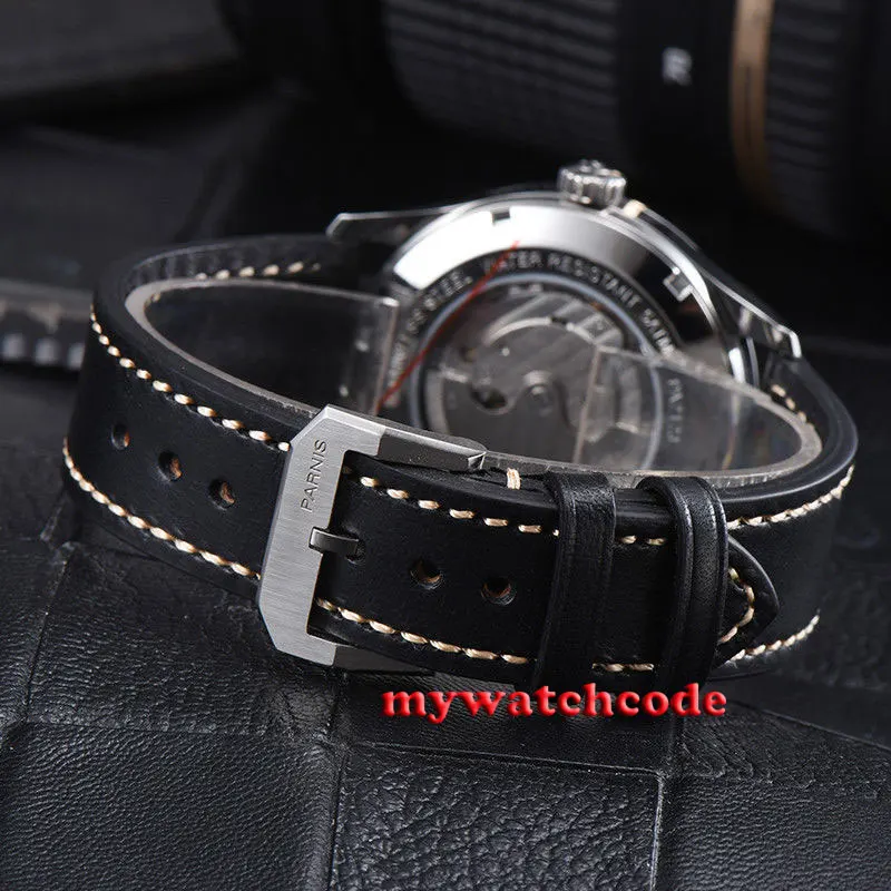 42 мм Parnis черное окно с датой набора Автоматический ход мужские часы 951 кожаный