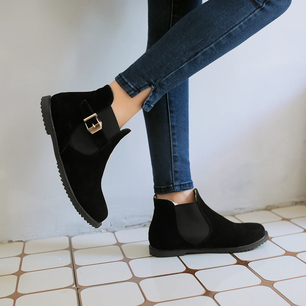 Женские Ботильоны на каблуке теплые ботинки с круглым носком и пряжкой