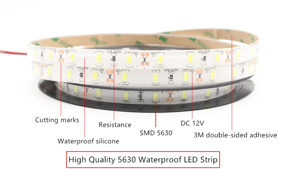 Светодиодная лента постоянного тока 12 В Водонепроницаемая SMD 5630 светодиод гибкие полосы неоновая лента Luz Tira светодиодный 12 В Светодиодная лента для освещения 5 м 300 светодиодный