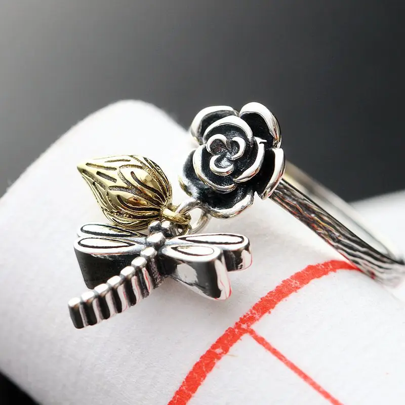 

BOCAI New S925 pure Silver-Copper Combination Craft Ring For Women tassels dragonflies roses lotus ring female's Silver Ring