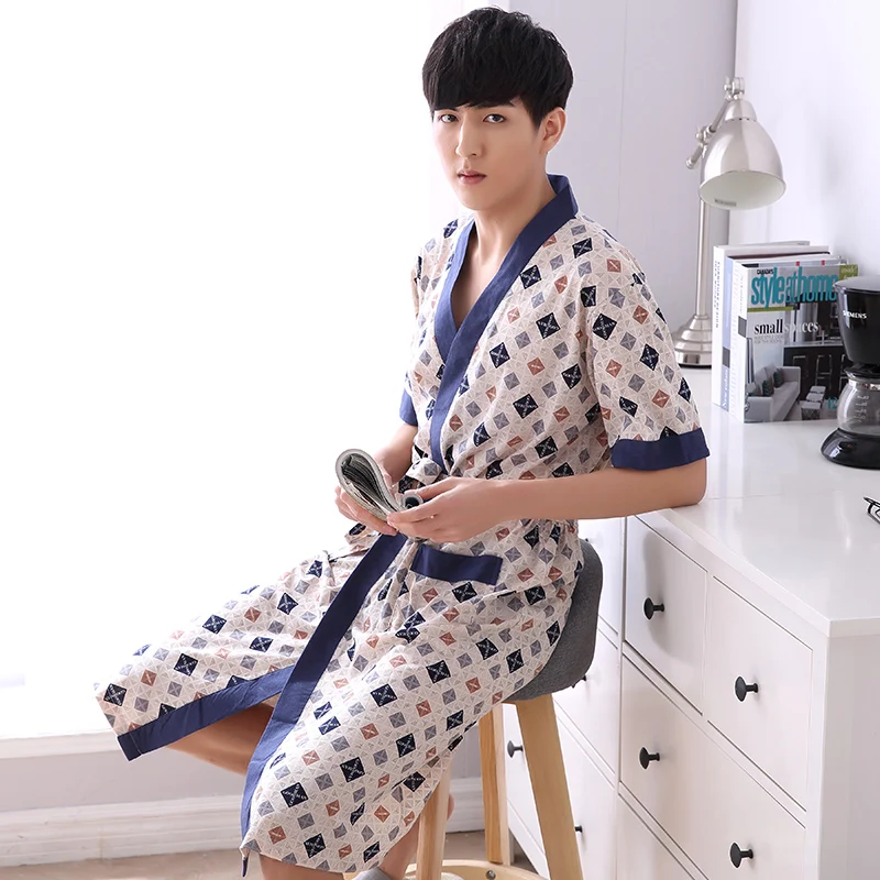 Халат кимоно мужской тонкий с V образным вырезом и коротким рукавом|mens robe|male