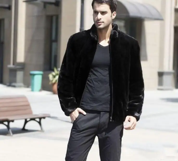 Мужская кожаная куртка с воротником стойкой из искусственного меха норки теплое