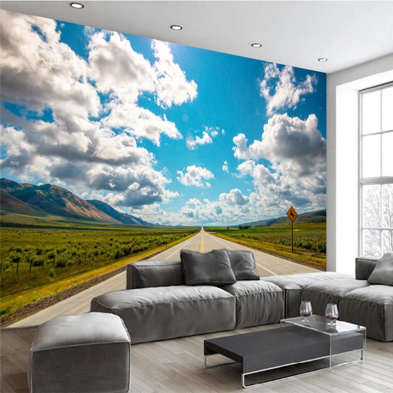 

beibehang Customize any size fresco wallpaper 3D blue sky white clouds grass road living room bedroom backdrop papel de parede