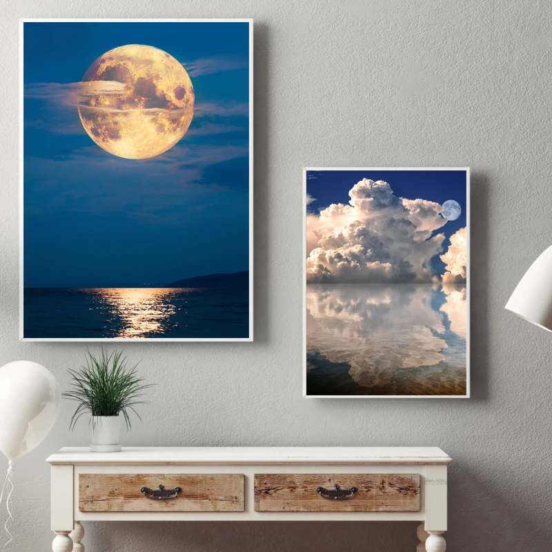 Nordic Sky Moon Seascape Waterproof canvas Painting Posters Print Blue Wall Art Pictures For Living Room Bedroom No Form | Дом и сад