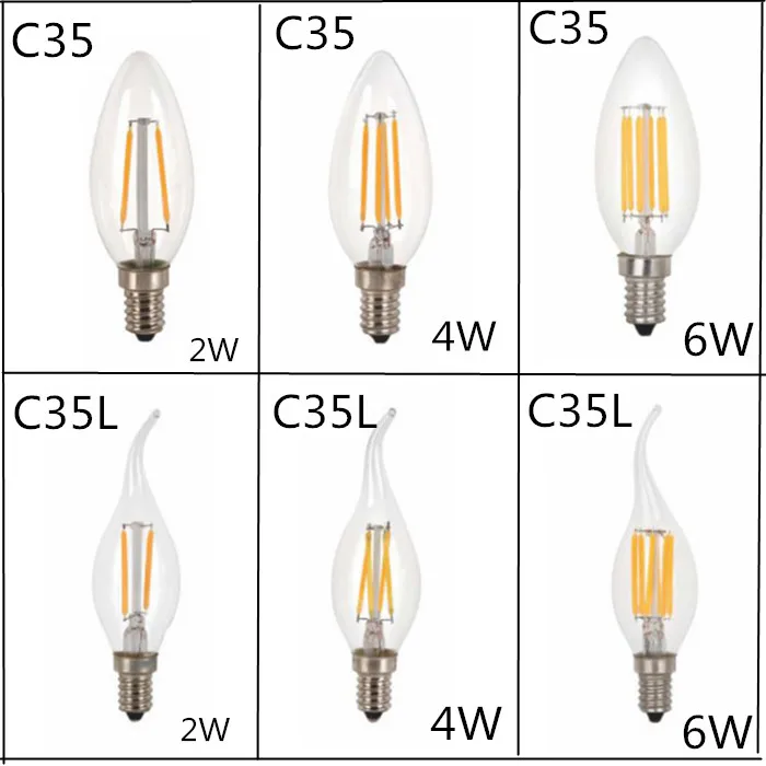 10PCS LED Filament Bulb E14 C35 C35L 2W 4W 6W Warm White AC220V Dimmable Glass Shell 360 Degree Edison Retro Candle Light Blubs